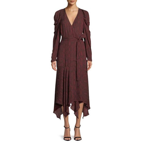 A.L.C. Tianna Snake-Print Long-Sleeve Wrap Midi Dress Burgundy Women's Size 0 - Picture 1 of 8